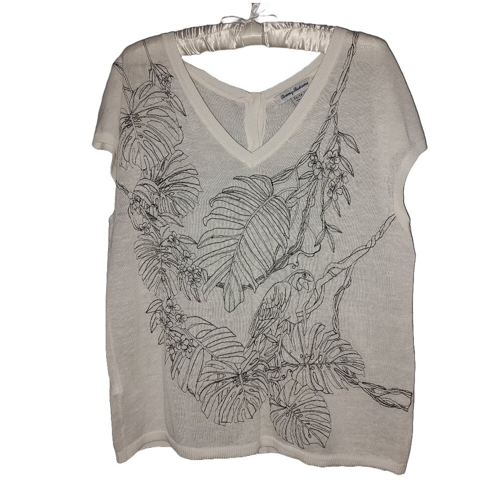 Tommy Bahama lightweight linen cotton monstera hummingbird blouse